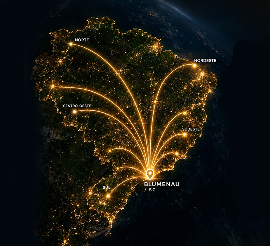 Mapa do Brasil iluminado conectando a sede em Blumenau SC a todas as regiões