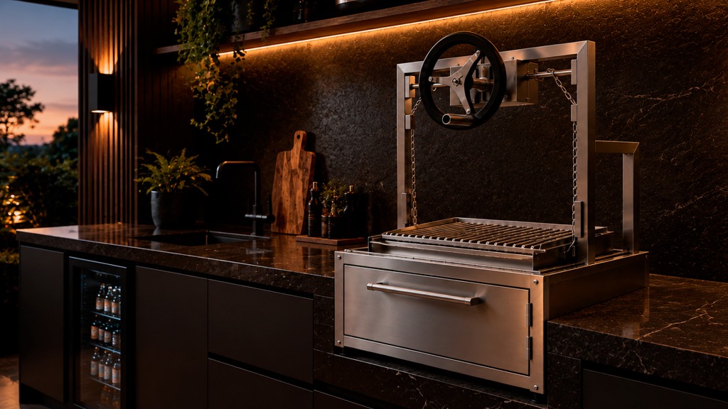 Parrilla Gourmet Mazzinox em Aço Inox com volante de elevação em bancada de mármore